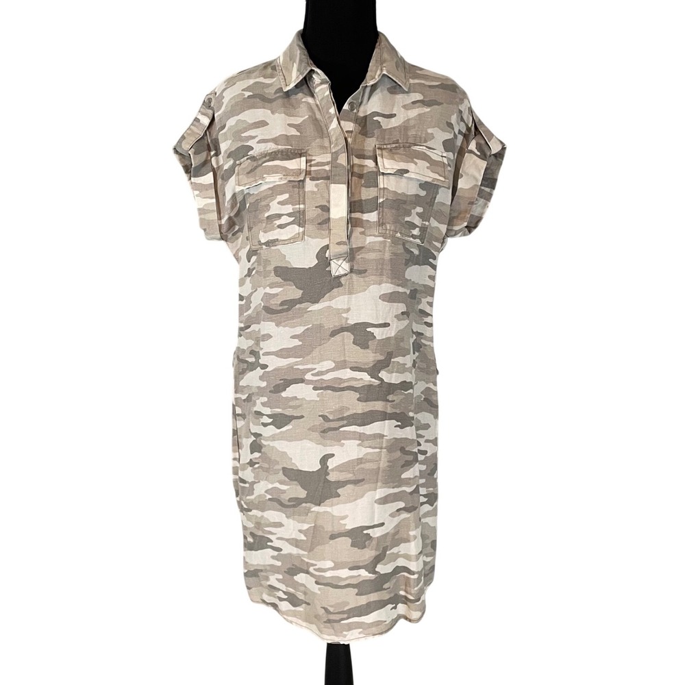 Vince Camuto Camo Print Shirt Dress Womens XS Grey Beige Cotton Lyocell Relaxed